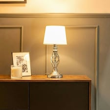 ValueLights Memphis Pair of Silver Chrome Twist Table Lamps with a Fabric Lampshade Bedside Light
