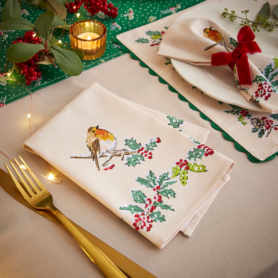 image 1 of Ulster Weavers Christmas Robins Napkins - 2 Pack Green