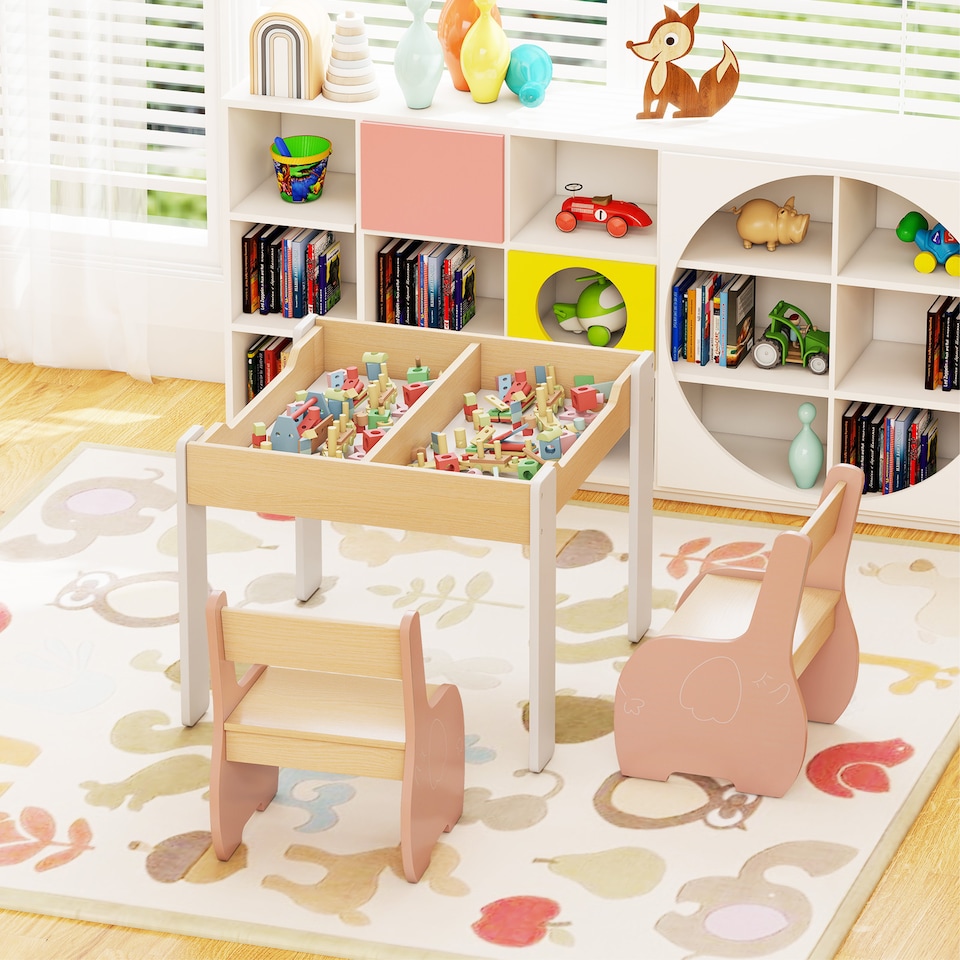 image 1 of COSTWAY Wooden Kids Table and Chair Set with Storage Pink