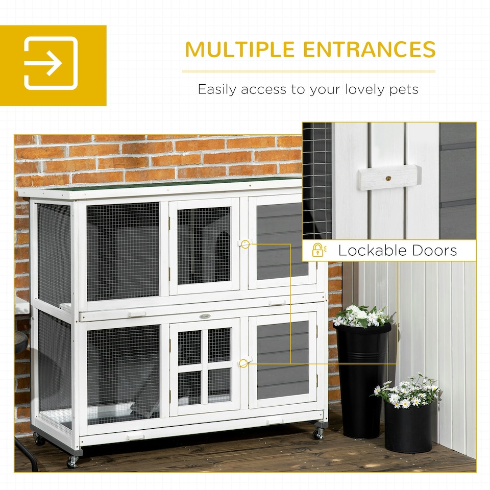 image 1 of PawHut Rabbit Hutch, Guinea Pig Cage with Wheels & Slide-out Trays, Grey