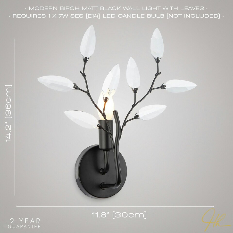 image 1 of Modern Birch Matte Black Wall Lighting Fixture with Transparent Acrylic Leaves