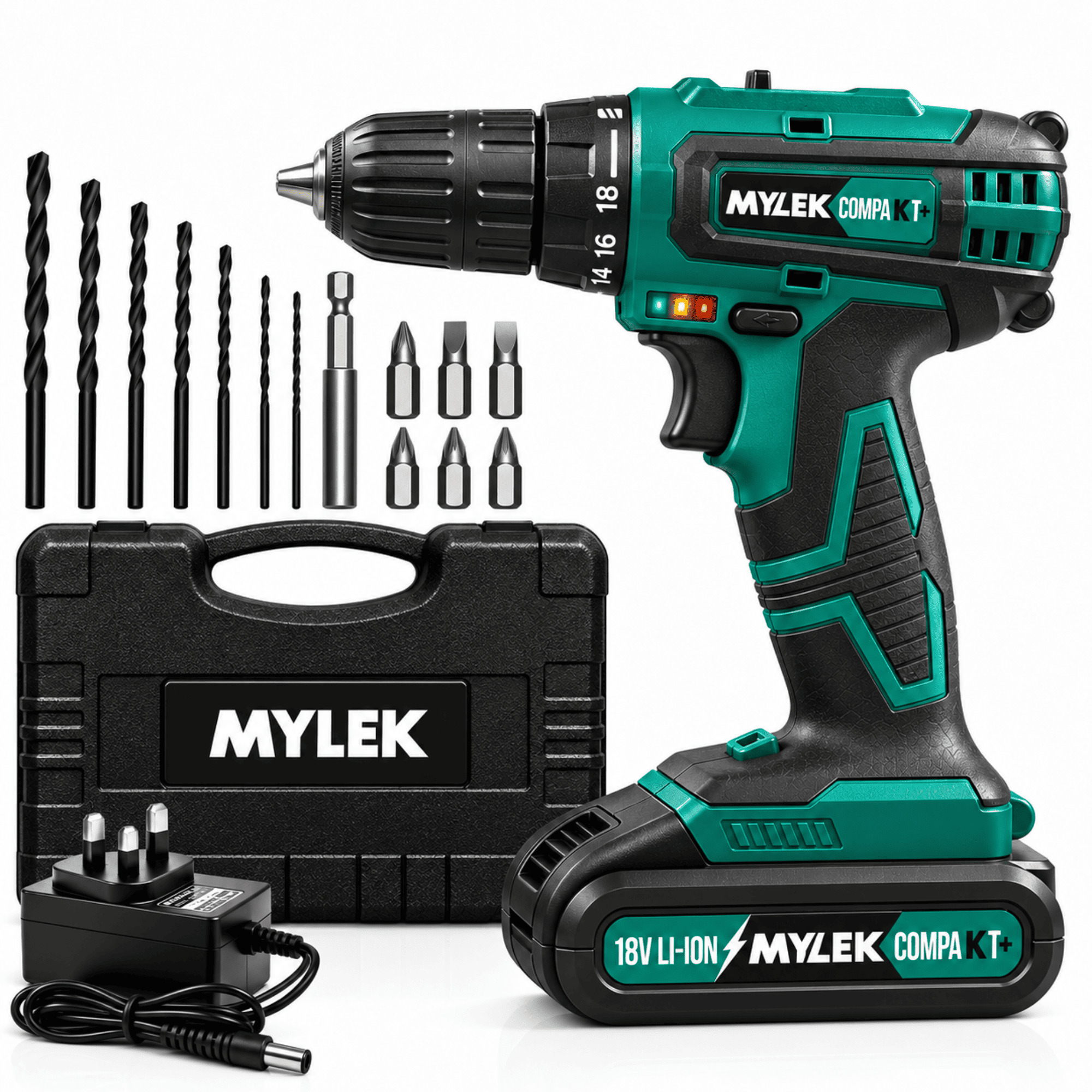 MYLEK 18V Cordless Li-Ion Drill With Accessory Kit & Carry Case in Blue