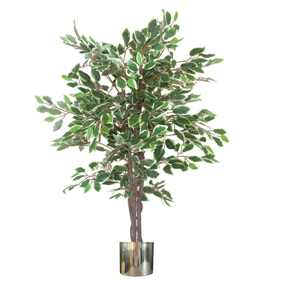 image 1 of 130cm LARGE Realistic White Edge Ficus Artificial Plant Tree Silver Metal Planter