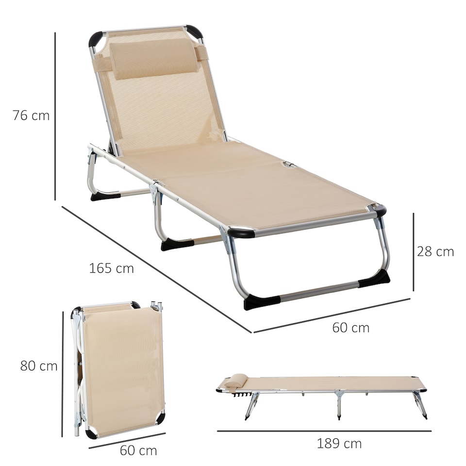 image 1 of Outsunny Foldable Outdoor Sun Lounger, Reclining Lounge Chair Camping Bed Cot with Pillow 4-Level Adjustable Back Aluminium Frame, Khaki