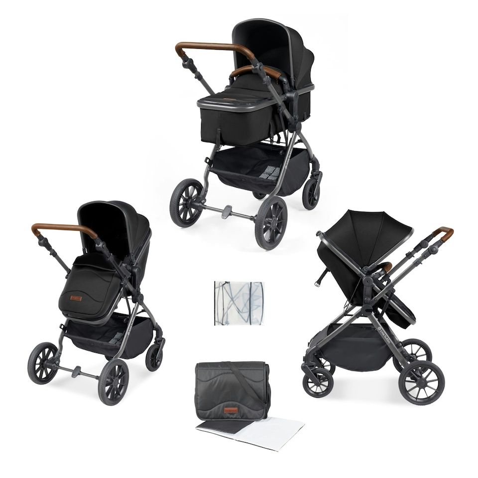 image 1 of Cosmo 2 in 1 Travel System (Black) - Birth to 22kg (Approx. 4 Years). Convertible Seat, UPF 50+ Hood, Footwarmer, Apron, Raincover, Changing Bag & Mat