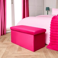 OHS Matte Velvet Soft Long Rectangle Foldable Footstool Seat Storage Organiser Ottoman Pink | Bright Pink
