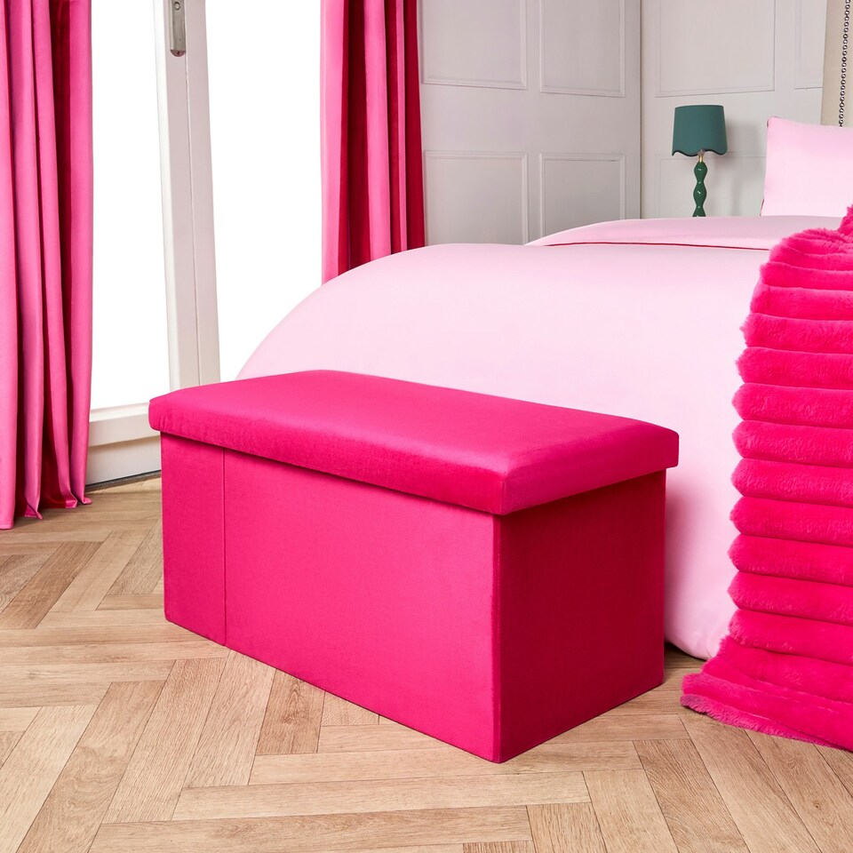 image 1 of OHS Matte Velvet Soft Long Rectangle Foldable Footstool Seat Storage Organiser Ottoman Pink | Bright Pink