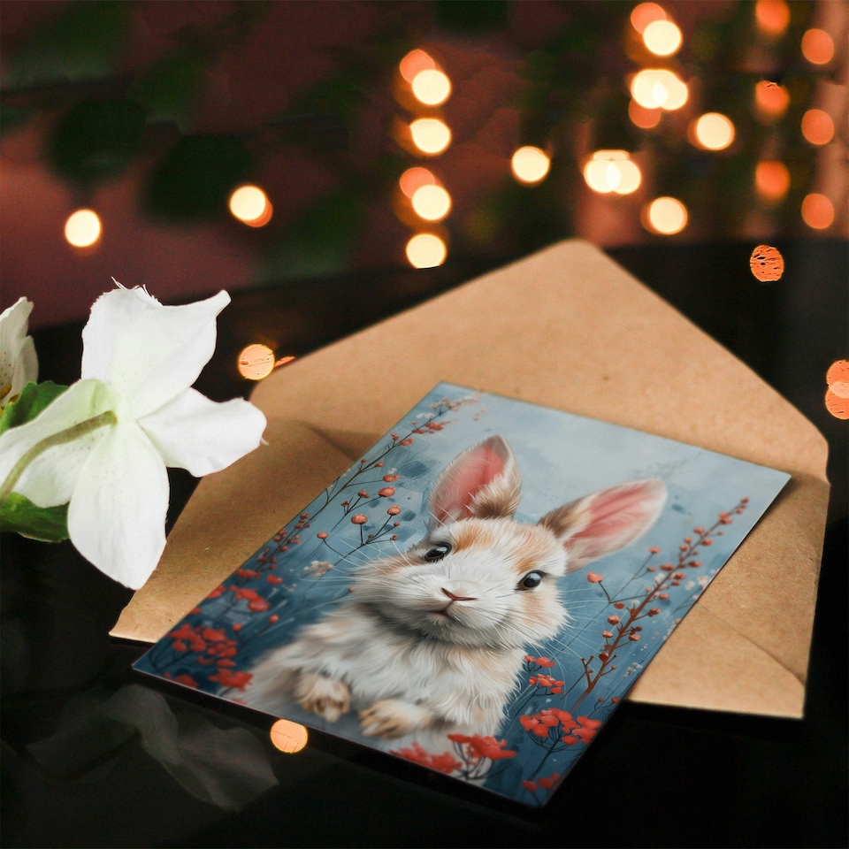 image 1 of Cute Bunny Red Wildflowers Girl Boy Kids Daughter Son Birthday Card