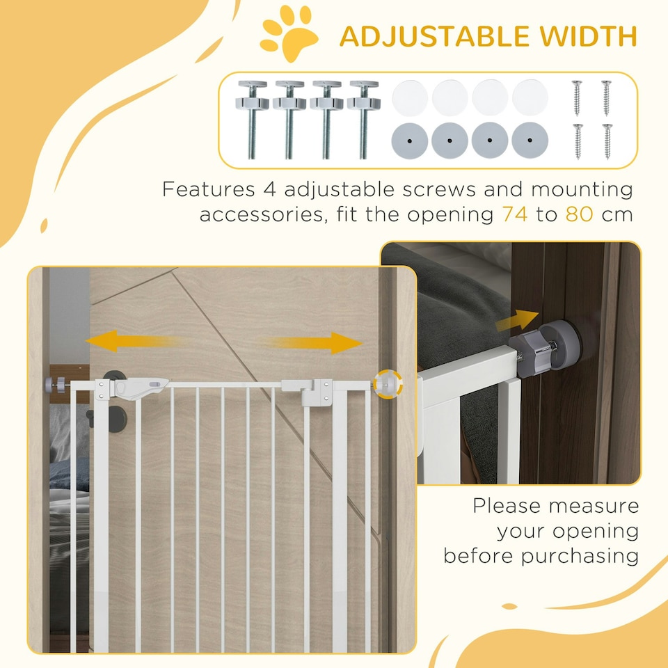 image 1 of PawHut Extra Tall Dog Gate with Cat Door Auto Close for Stairs 74-80 cm Wide