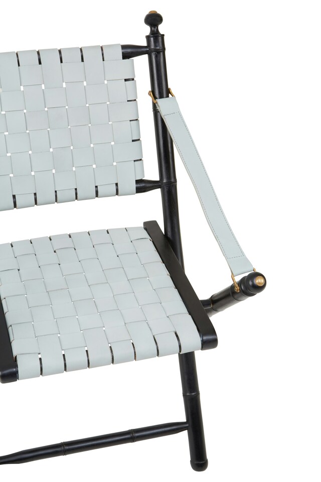image 1 of White Leather and Black Teak Wood Chair,Grey Strap Upholstered Armchair,Lounge Chair,Ideal For Outdoor Use | White