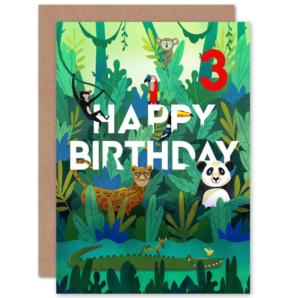 image 1 of Cute Amazon Jungle Animals Age 3 Year Old Child Kids 3rd Birthday Card