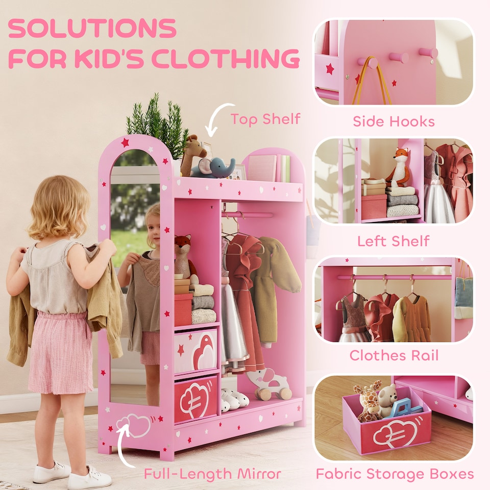 image 1 of AIYAPLAY Kids Wardrobe, Kids Clothes Rail with Mirror for Bedroom, Pink
