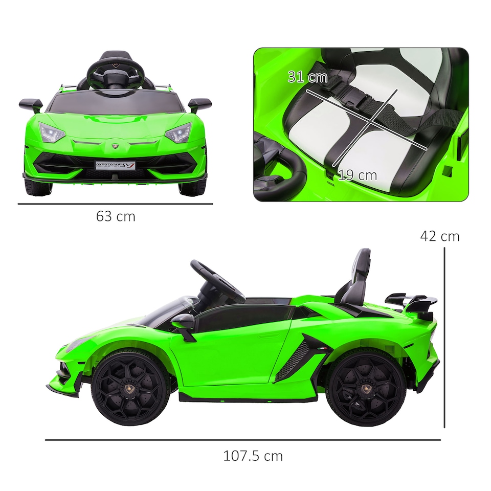 image 1 of HOMCOM Electric Car for Kids Lamborghini Aventador Licensed with Remote Control, 12V Powered Kids' Electric Ride-on with Butterfly Doors, Auxiliary wheels, Music, Horn, Suspension - Green