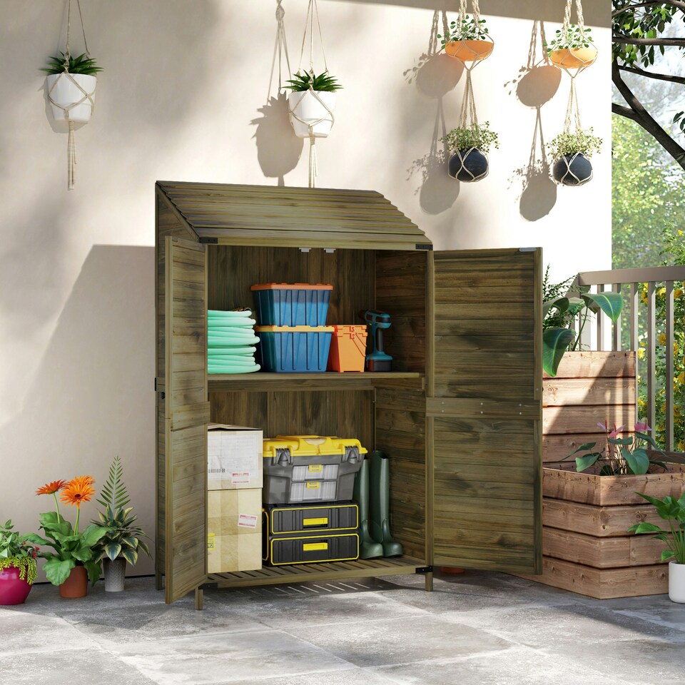 image 1 of Outsunny Wooden Garden Storage Shed w/Double Doors and Shelves, Green Green