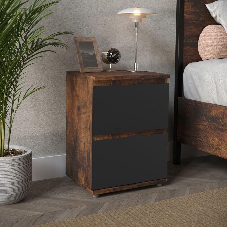 image 1 of URBNLIVING 2 Drawer Bedside Cabinet Handle Free Nightstand | Multi | Rustic Brown Carcass + Black Drawers | 1