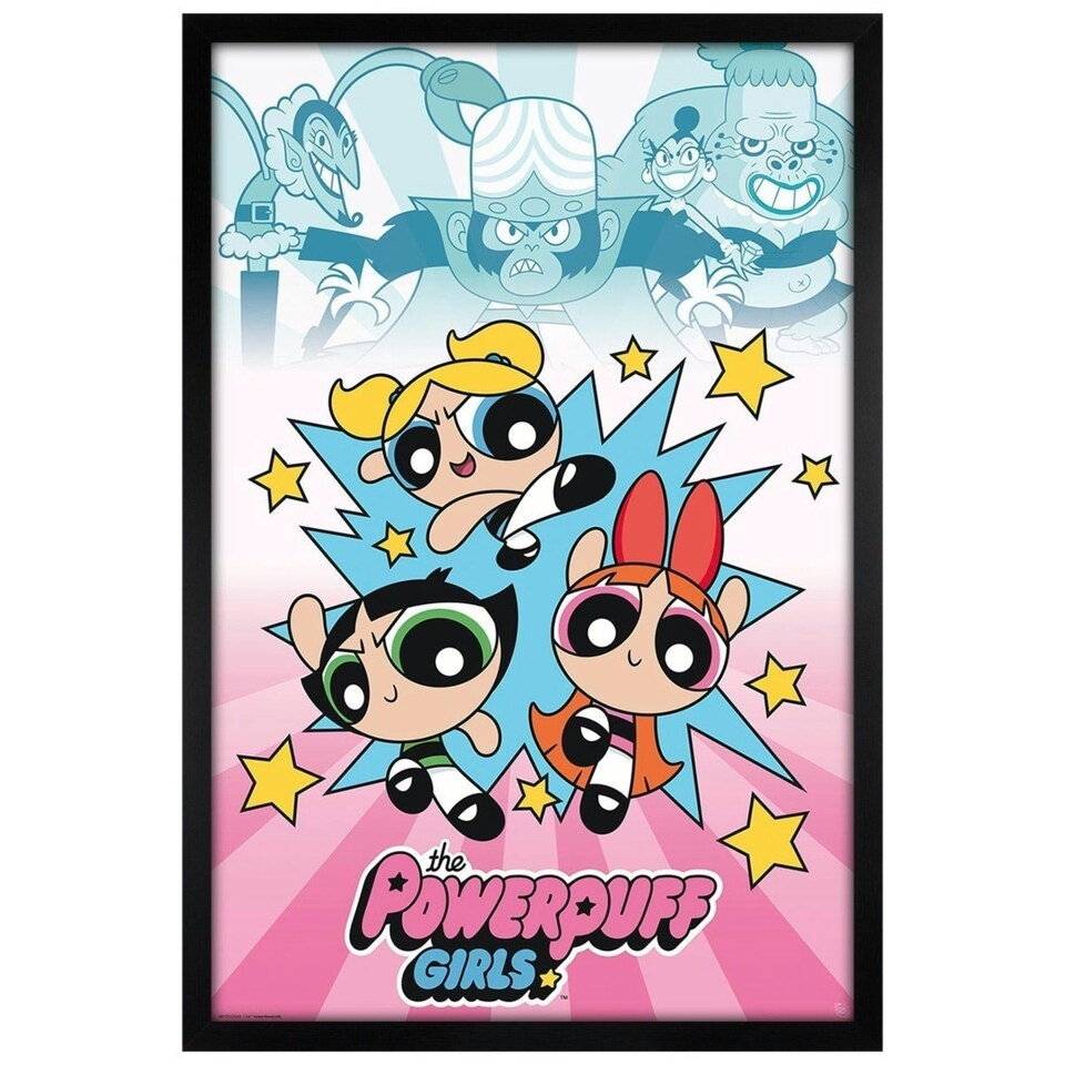 image 1 of Black Wooden Framed Powerpuff Girl Girls vs Villains Maxi Poster Framed Poster