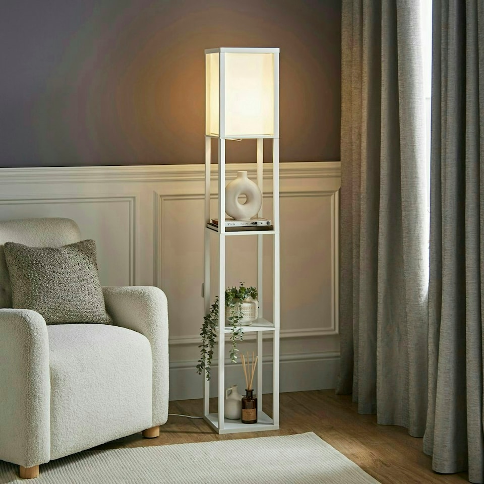 image 1 of ValueLights Struttura White Shelving Floor Lamp with Fabric Shade