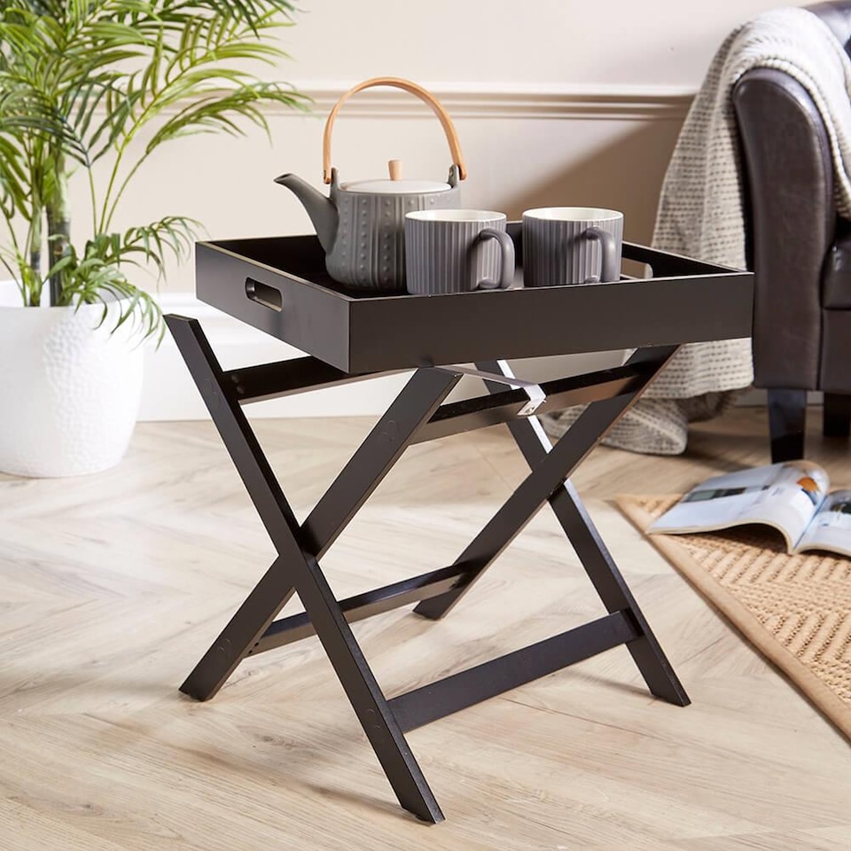 image 1 of Folding Butlers Side Table Portable Wooden Food Serving Tray | Black