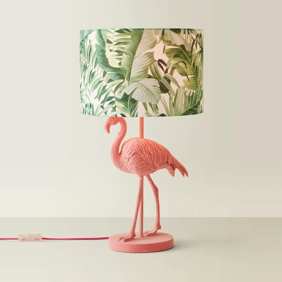 image 1 of ValueLights Flo Flamingo Velvet Pink Table Lamp with Floral Drum Lamp Shade