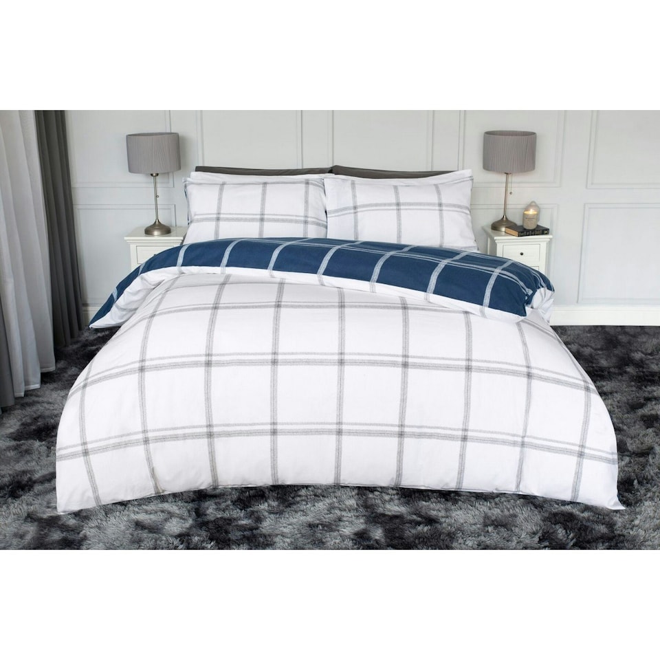 image 1 of Belledorm Dalton Brushed Cotton Checked Duvet Cover Set - Navy/White - Single