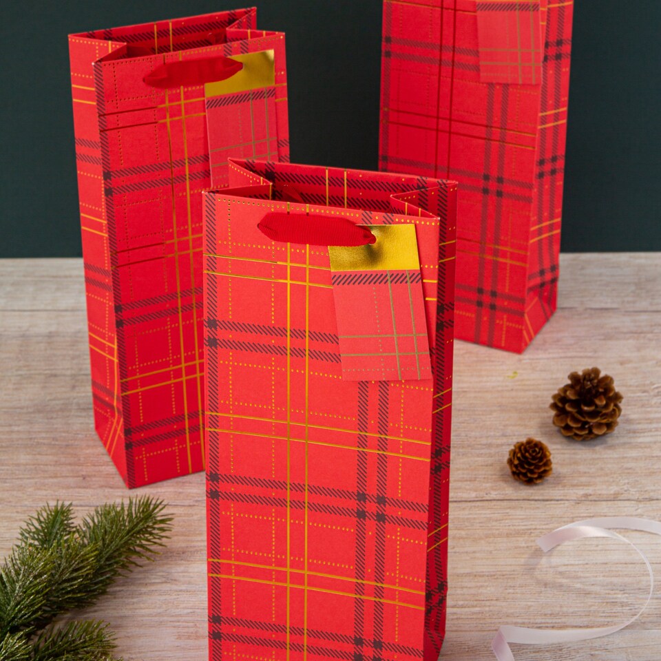 image 1 of Hallmark Pack Of 3 Christmas Bottle Bags - Red Tartan Design