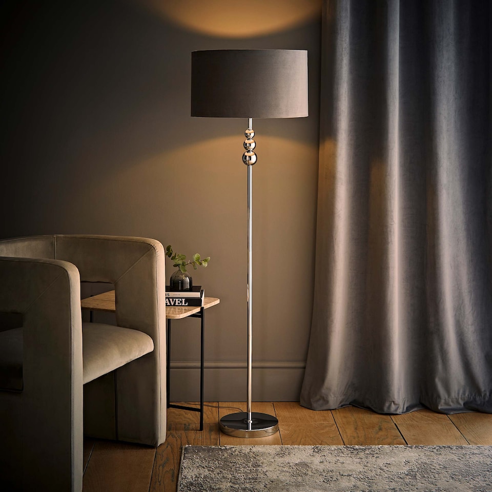 image 1 of ValueLights Marissa Grey Velvet Shade with Chrome Stacked Ball Floor Lamp | Grey