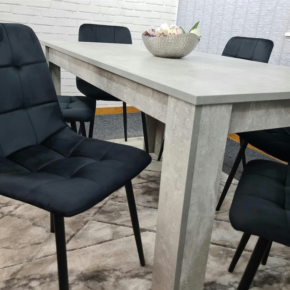image 1 of Stone Grey Effect Wooden Dining Table Set With 6 Black Velvet Chairs Dining Room Furniture | Black | One Size | 7