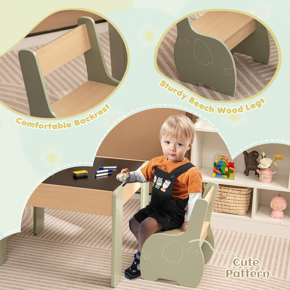 image 1 of COSTWAY Wooden Kids Table and Chair Set with Storage Green