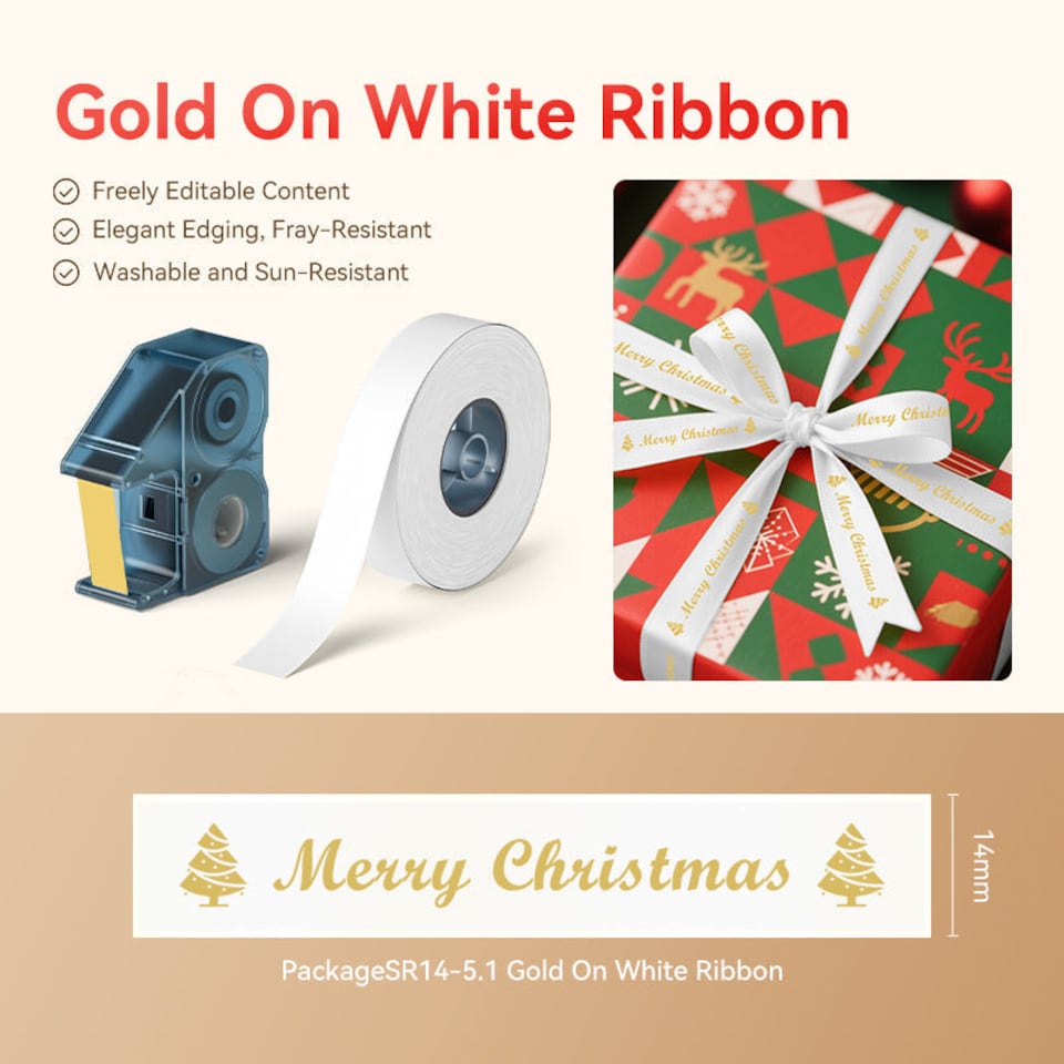 image 1 of NIIMBOT N1 Printable Satin Gift Ribbon 14mm x 5.1m Gold on White