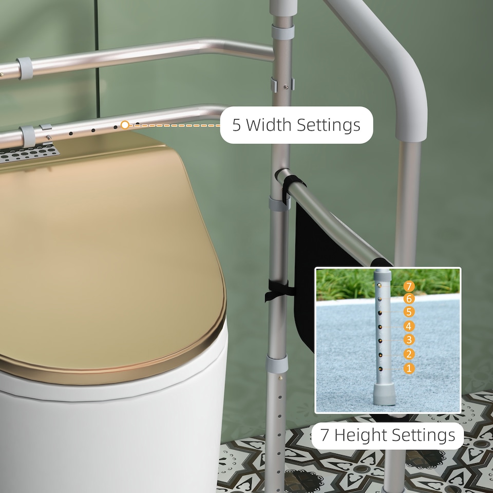 image 1 of HOMCOM Freestanding Toilet Frame, 136kg MaLoad Toilet Safety Frame with Adjustable Height and Width, Arms, 2 Suction Cups, Storage for Elderly, Senior, Disabled, Handrail Grab Bar,