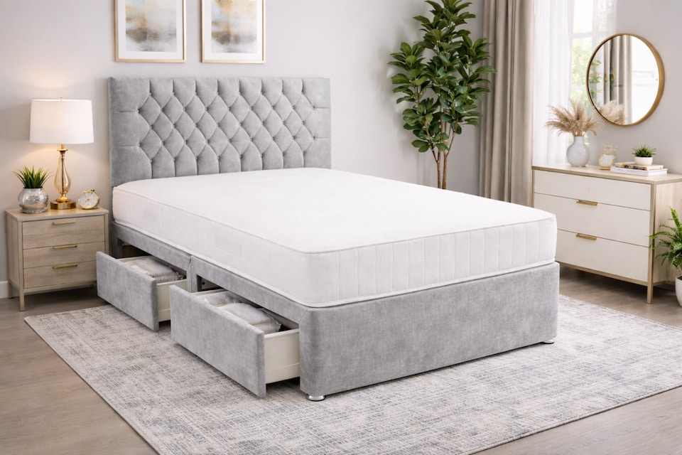image 1 of 4FT6 Double Misty Silver Coniston Divan Bed Set with Headboard & Orthopedic Mattress 4 Drawers