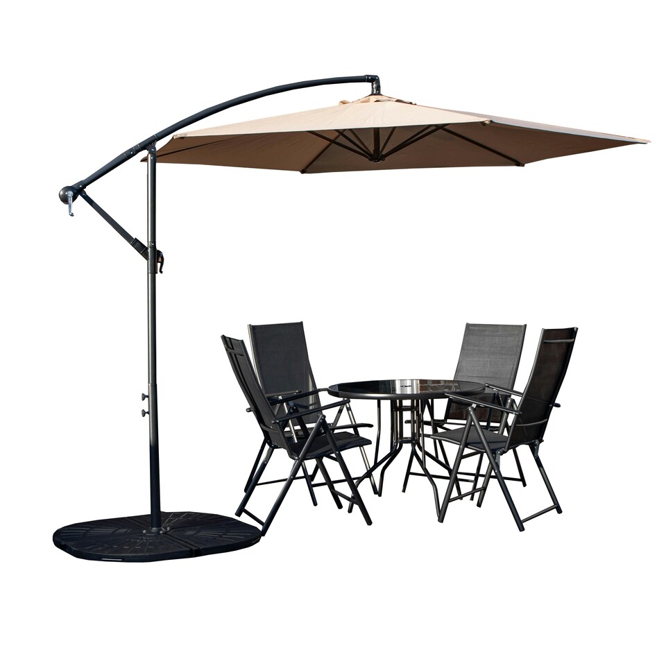image 1 of Outdoor 4 Person Round Glass Top Garden Dining Table Chairs With Beige Banana Parasol and Base