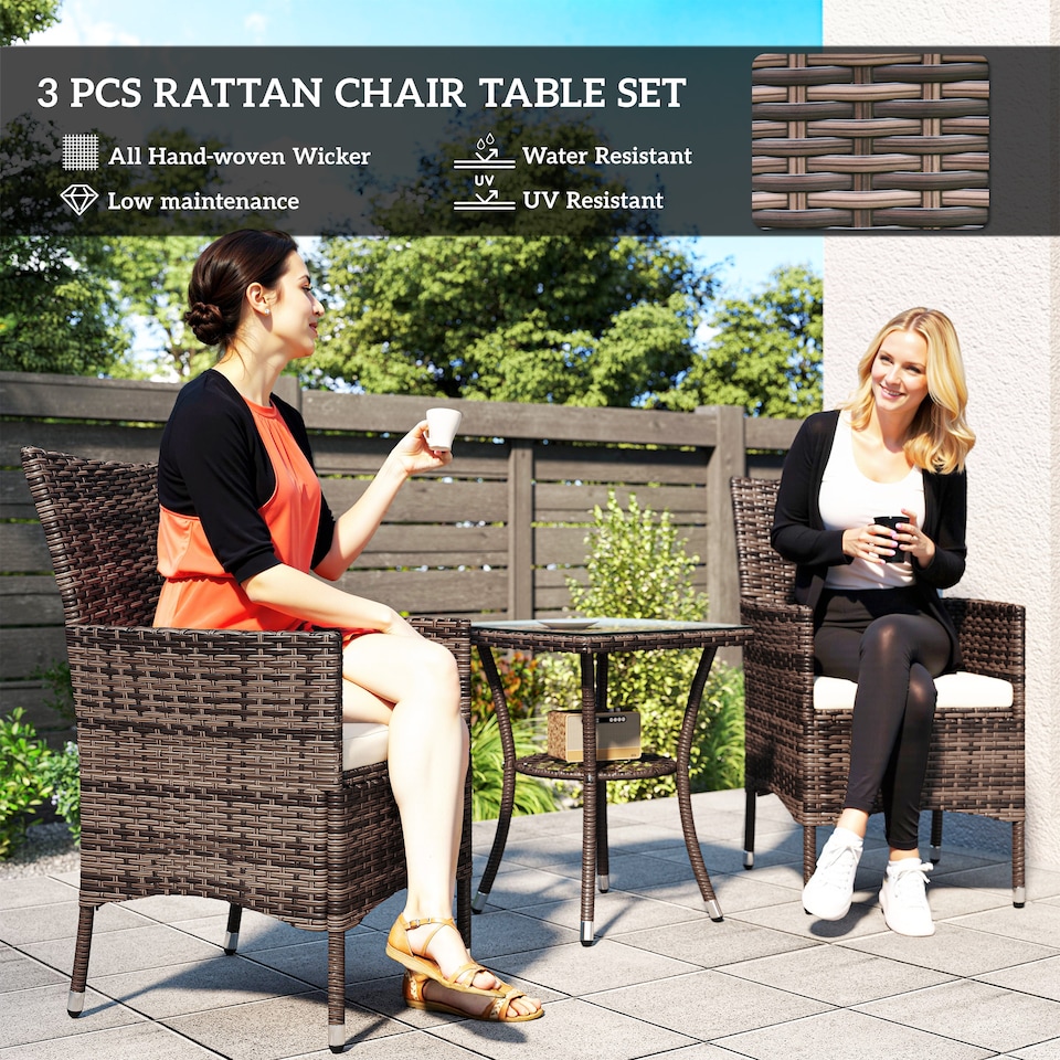 image 1 of Outsunny 3 Pieces Rattan Bistro Set, Wicker Garden Furniture Set with 2 Tier Coffee Table and Chairs, Cushions, for Outdoor Patio Balcony, Brown