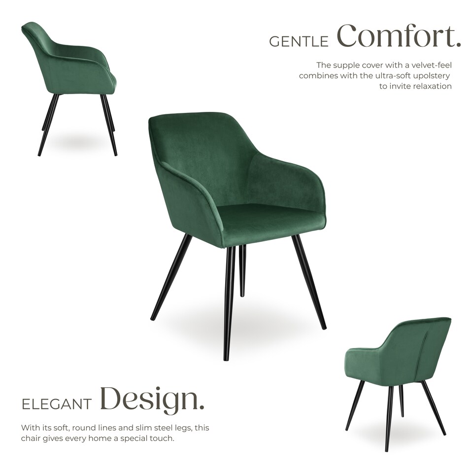 image 1 of Dining Chair Marilyn - with armrests, padded, velvet look, black steel legs | Green | dark green / black | 1