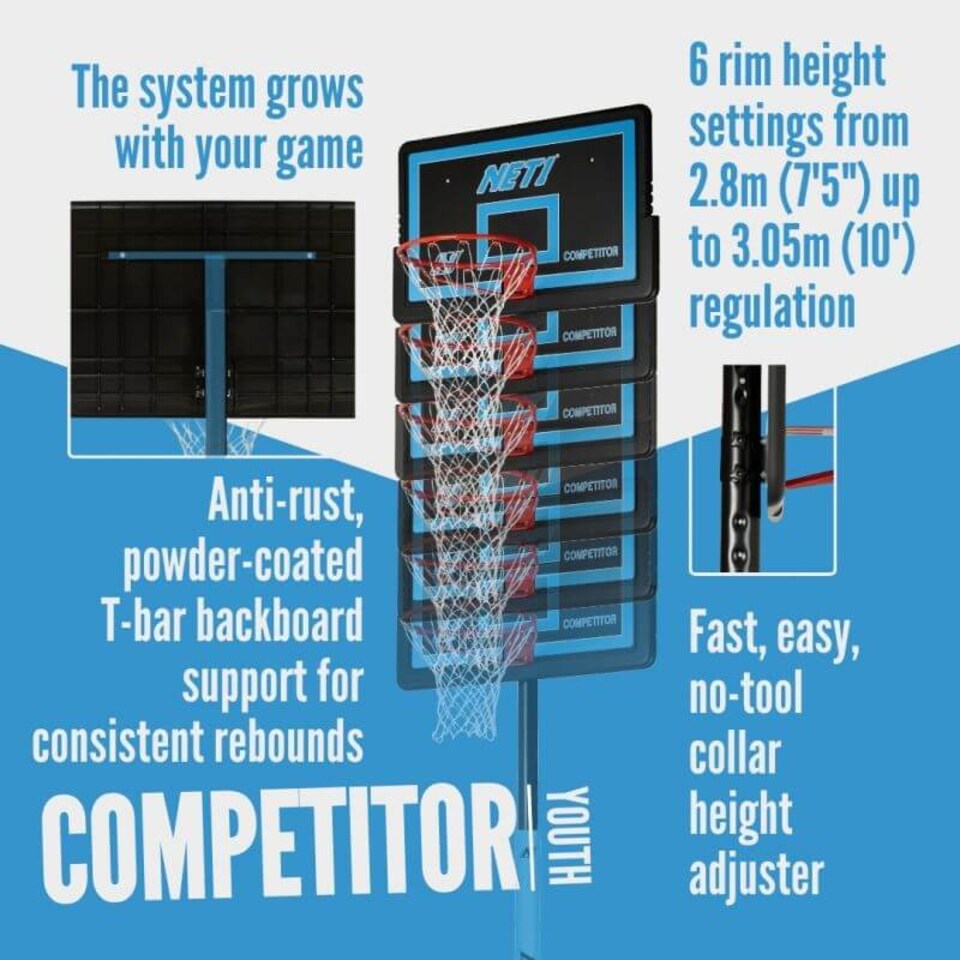 image 1 of NET1 Competitor Basketball Hoop - 111 x 71 cm Backboard, Adjustable 2.28-3.05 m, 38 L Portable Base | Multi | BLACK | 4396