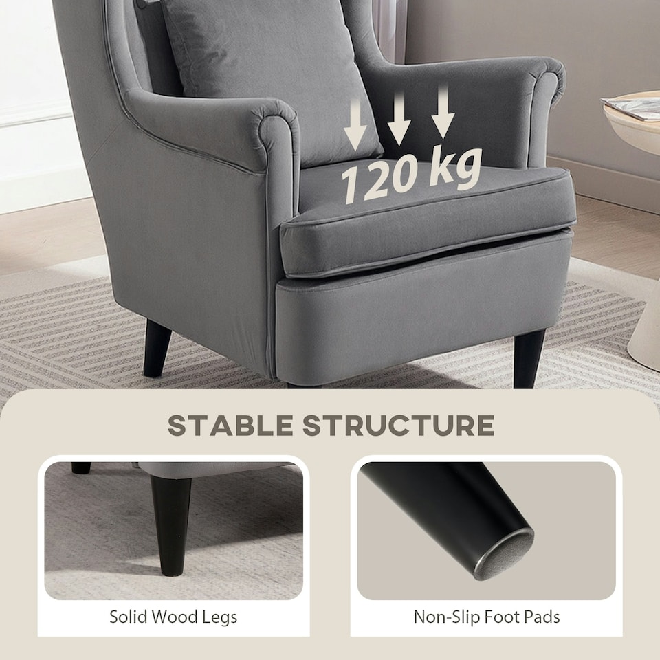 image 1 of HOMCOM Wingback Chair, Modern Accent Chair for Living Room Bedroom Grey