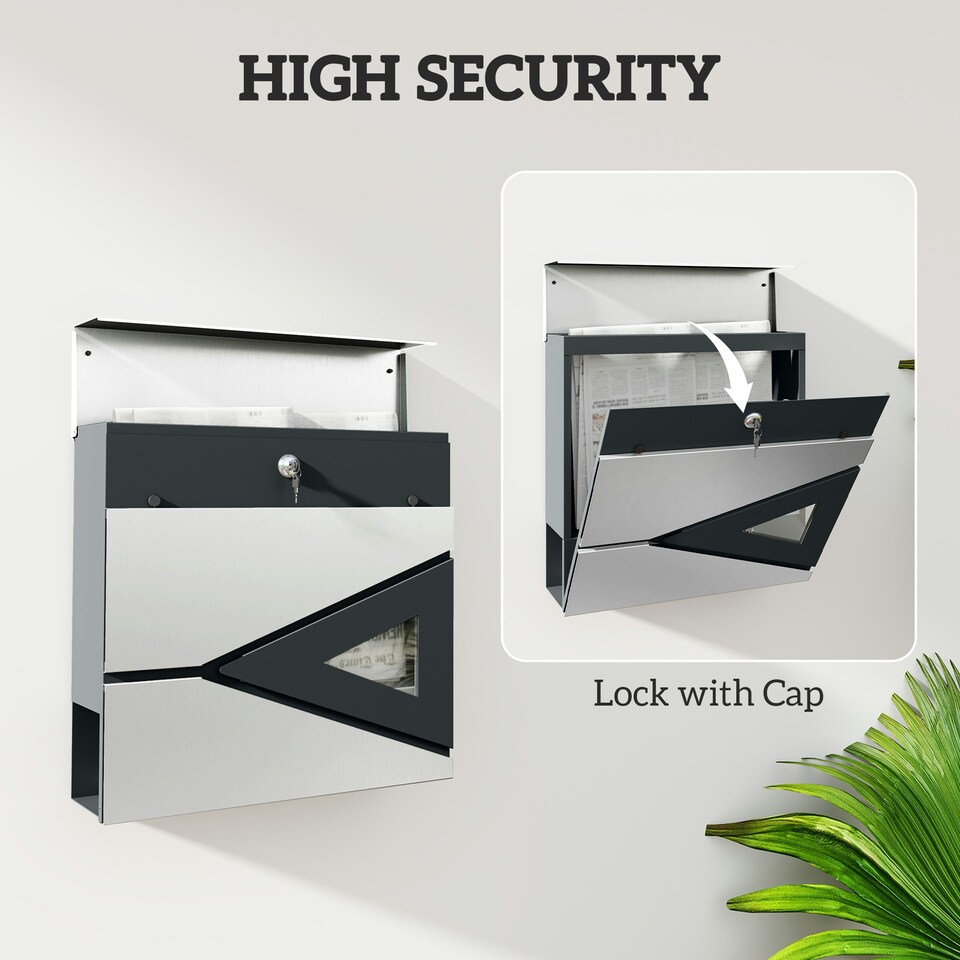 image 1 of HOMCOM Modern Wall Mounted Post Box, Weatherproof Letterbox with Lock Black