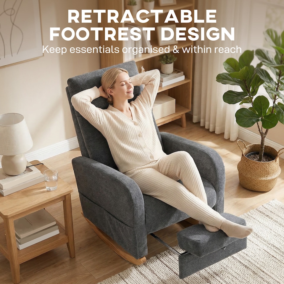 image 1 of HOMCOM Upholstered Rocking Chair with Retractable Footrest, High Back Grey