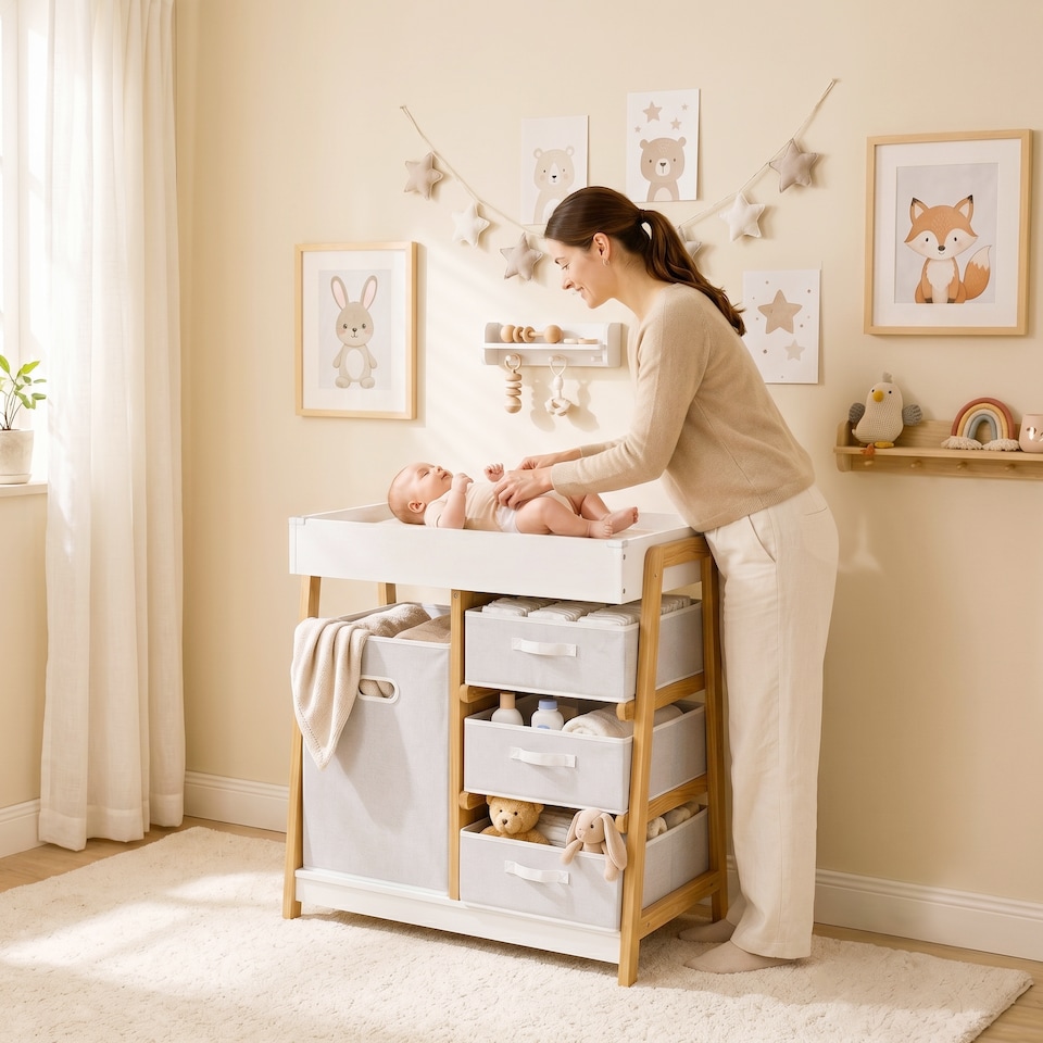 image 1 of AIYAPLAY Baby Changing Table with 3 Drawers, Basket, Waterproof Pad