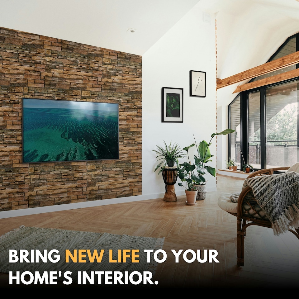 image 1 of NOVECRAFTO 3D Wall Panels – 6 PVC Sheets, Covers 2.76 sqm (29.76 sq ft), 96x48cm Each – Rustic Tan Brickwork Effect Cladding, Moisture Resistant