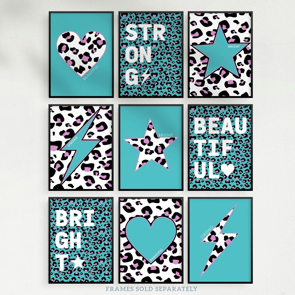 image 1 of Pack of 9 Turquoise Purple Leopard Pattern Heart Lightning Star Beautiful Bright Strong Wall Art Prints 12x16 Inch