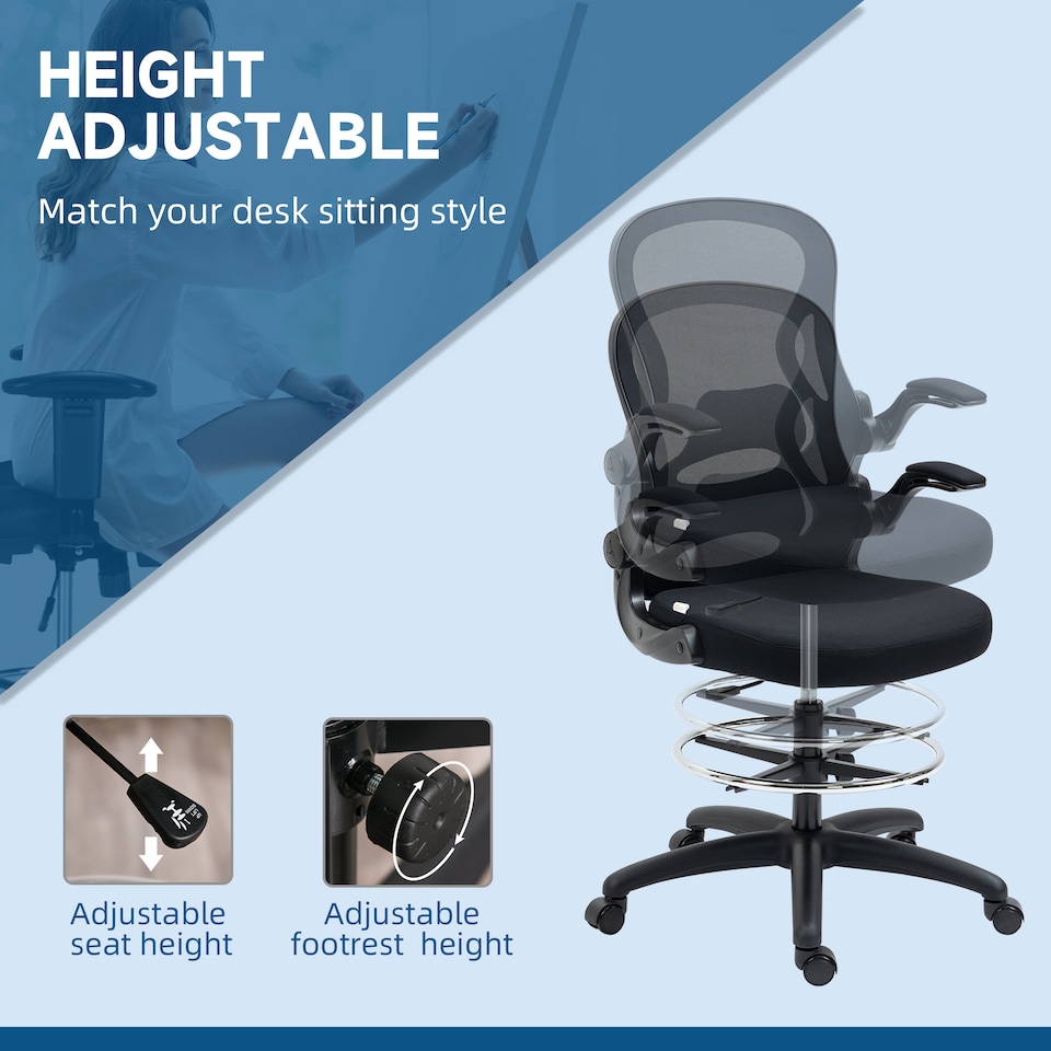 image 1 of Vinsetto Drafting Chair, Ergonomic Tall Office Chair with Flip-up Armrests, Mesh Back, Lumbar Support, Adjustable Height and Foot Ring, Swivel Wheels, for Standing Desk, Black