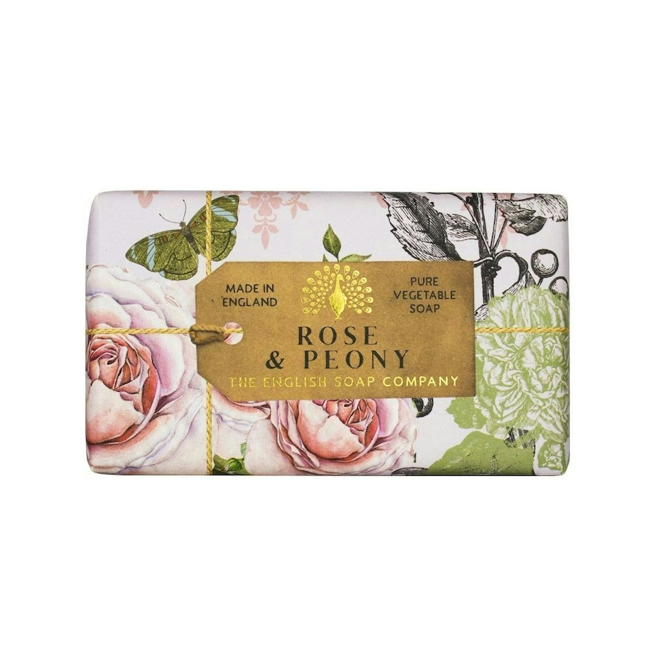 image 1 of The English Soap Company Anniversary Wrapped Soap Bar, Floral Scented Shea Butter Soap, Moisturising Soap Bar for Body, Rose and Peony Scent 190g