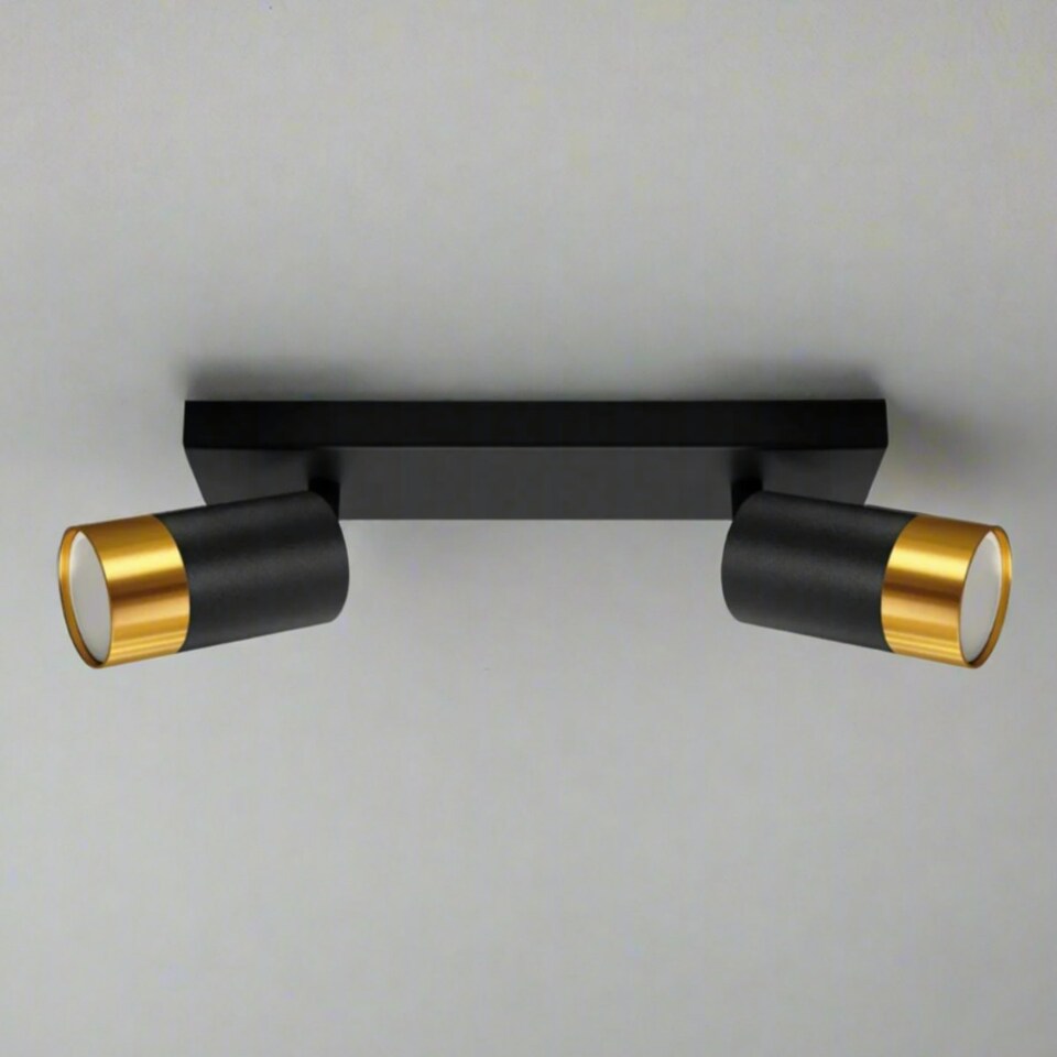 image 1 of CGC PUZON Black & Gold GU10 Adjustable Twin Two Head GU10 Ceiling Spotlight Bar Light Black