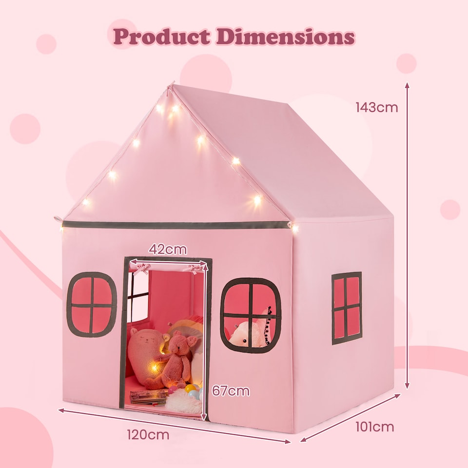 image 1 of COSTWAY Kids Play Tent Large Playhouse w/ Door Curtain & Windows-Pink + Grey