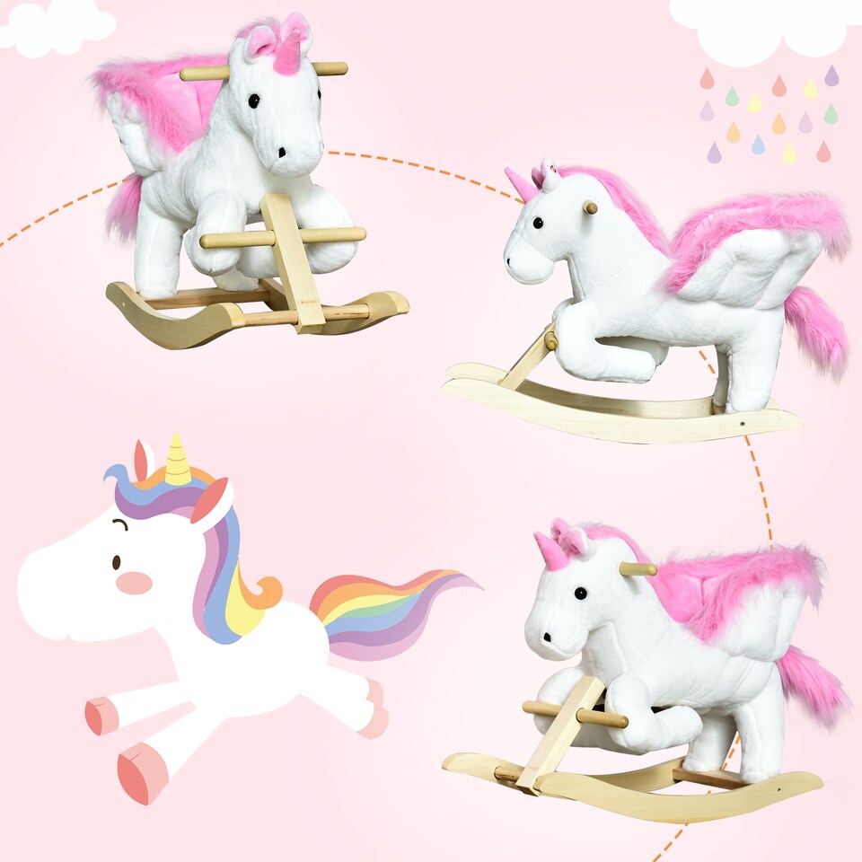 image 1 of HOMCOM Kids Rocking Horse Toy, Plush Unicorn Rocker Seat with Wood Base and Music, for 1.5-3 Years