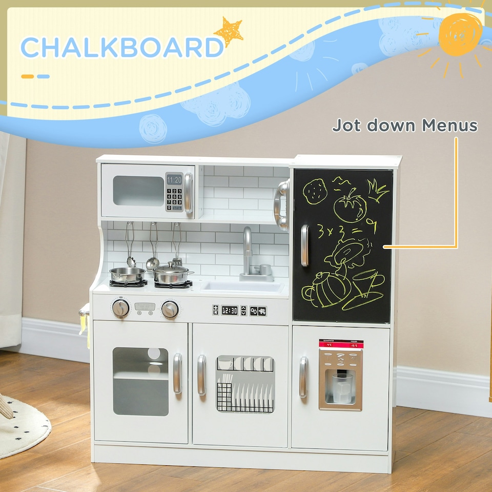 image 1 of AIYAPLAY Play Kitchen, Pretend Toy Kitchen with Toy Phone, Chalkboard, White