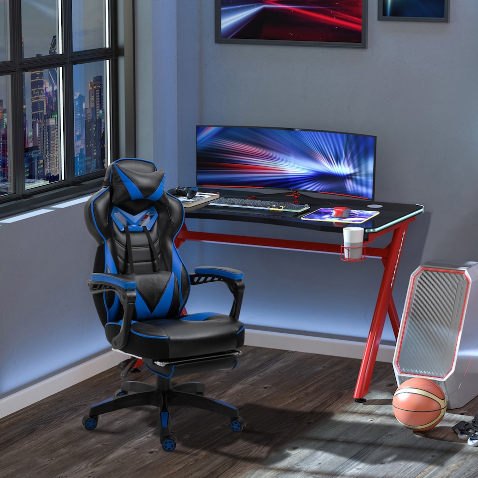 image 1 of Vinsetto Computer Gaming Chair, Racing Desk Chair with Lumbar Support and Footrest, PU Leather Gamer Chair with Headrest and Swivel Wheels for Home, Blue