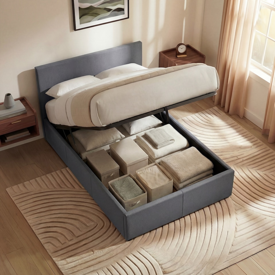 image 1 of Vida Designs Veronica Single Lift Up Linen Ottoman Storage Bed Frame, Dark Grey