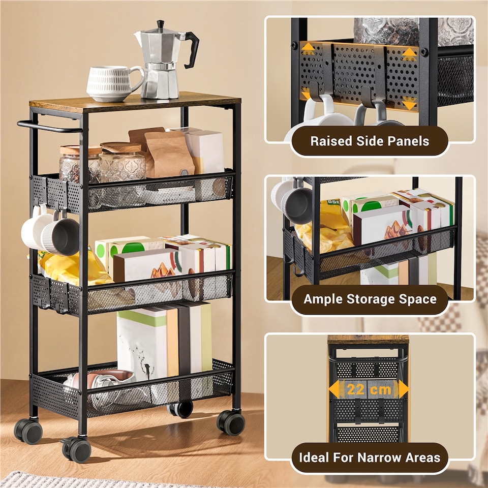image 1 of Yaheetech 4-Tier Storage Trolley on Wheels with Steel Frame | Brown | Rustic Brown | One Size